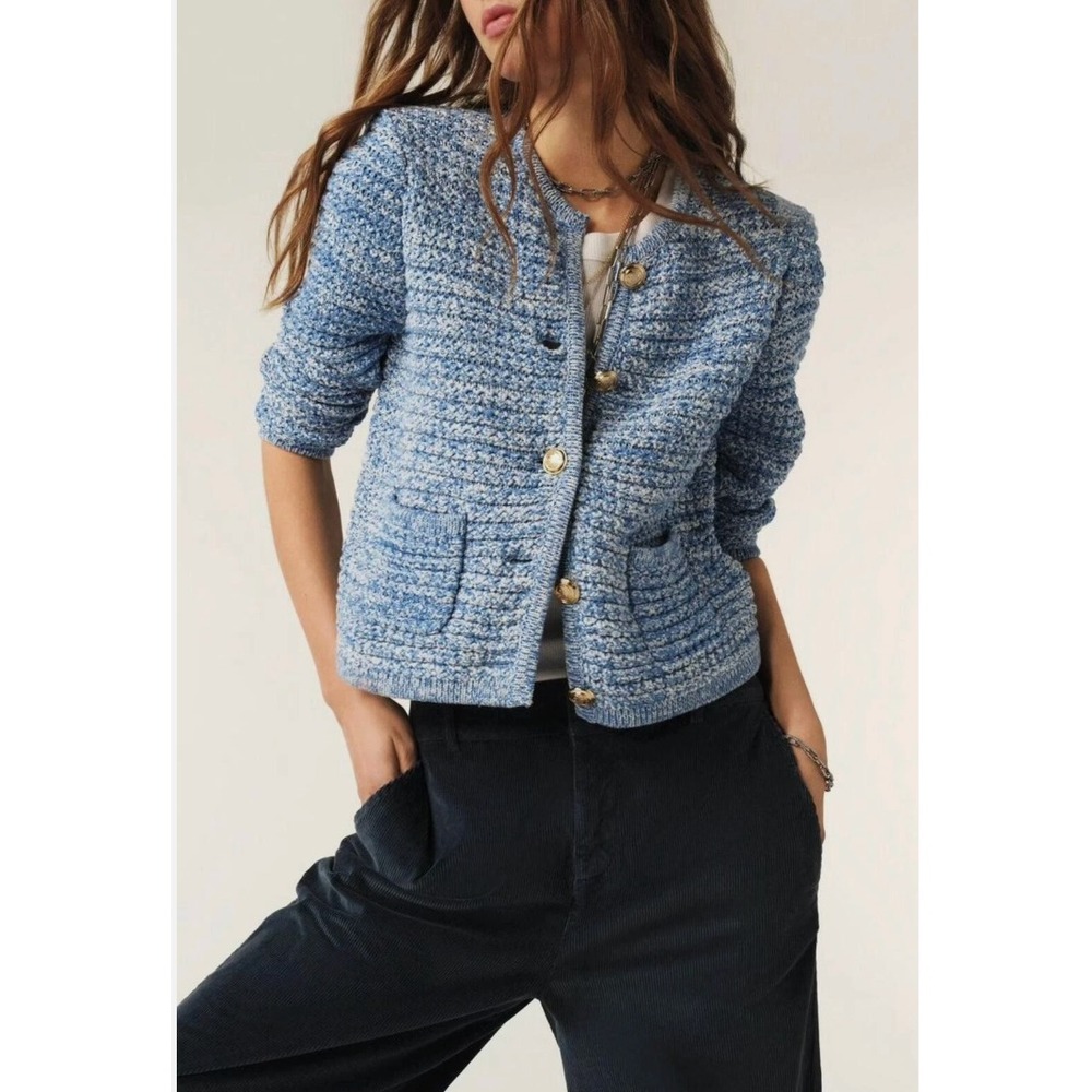 Ba&sh Guspa Cardigan Blue Tweed Knit Jacket Womens Size 2 US 6 Gold Crest Button